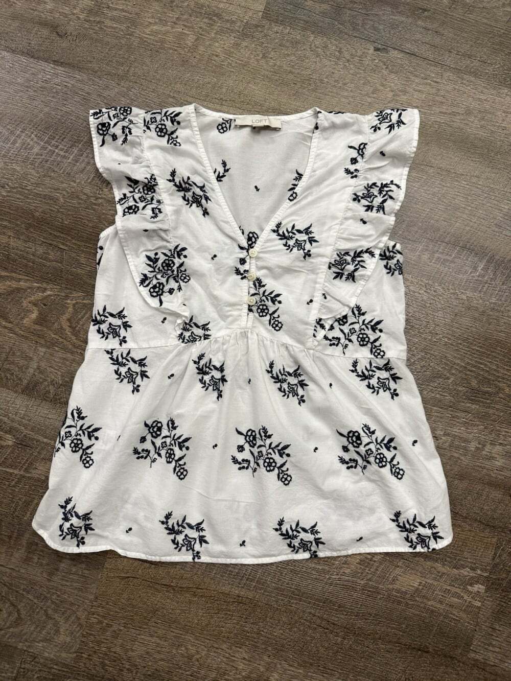 LOFT Womens Eyelet Flutter Henley Mixed Media Top Size XS Blue White Cotton